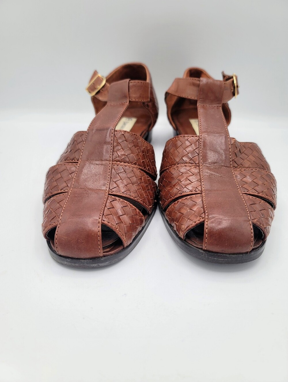 Etienne Aigner Toba Woven Leather T Strap Peep Toe Shoes Womens 9.5 M Brazil 80s - Picture 3 of 16